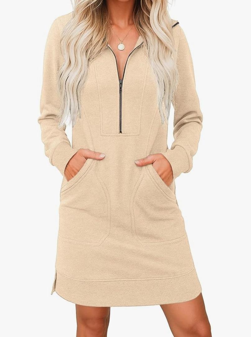 AlvaQ Sweatshirt Dress for Women Fall Winter Casual Long Sleeve Half Zip V Neck Pullover Tunic Tops Mini Dress with Pockets XL
