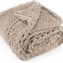Chunky Knit Throw Blanket 60"X 80", 100% Handmade with Soft Chenille Yarn, 6.7lbs Thick Cable Knitted Blankets, Large Rope Knot Crochet Throws for Couch Sofa Bed Home Decor, Taupe 
