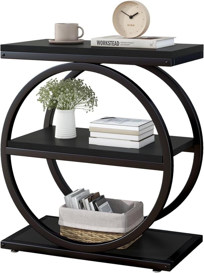 IBUYKE Narrow End Table with 3 Storage Shelves, Industrial Sofa Side Table, Double Round Metal Frames, Slim Nightstand and Bedside Table for Bedroom, Living Room, Black UTMJ418B
