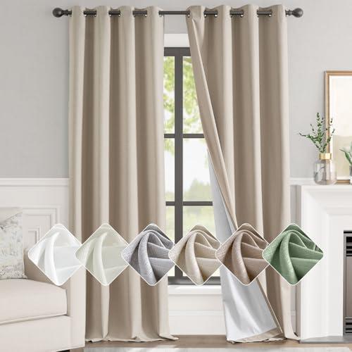 jinchan 100% Blackout Curtains for Bedroom Living Room Linen Blackout Curtains 96 Inch Long Room Darkening Curtains Linen Textured Drapes 52" W 2 Panels Window Curtains Grommet Top Heathered Beige
