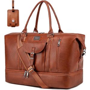 weiatas Faux Leather Travel Duffel Bag for Women Men, Large Weekender Overnight Bag with Shoes Compartment, Waterproof Carry On Bag Travel Tote Bag Gym Bag with Luggage Strap (Brown)