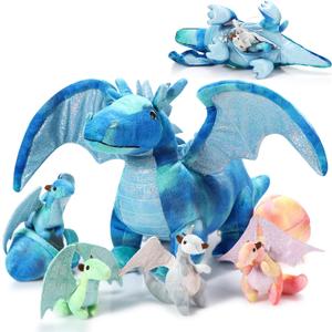 Deekin 7 Pcs Dragon Toy Set 16 Inch Large Dragon Stuffed Animal with 4 Baby Plush and 2 Eggs in Mommy's Belly Dinosaur Plushies Gifts for Boys Girls Birthday(Bright Style)