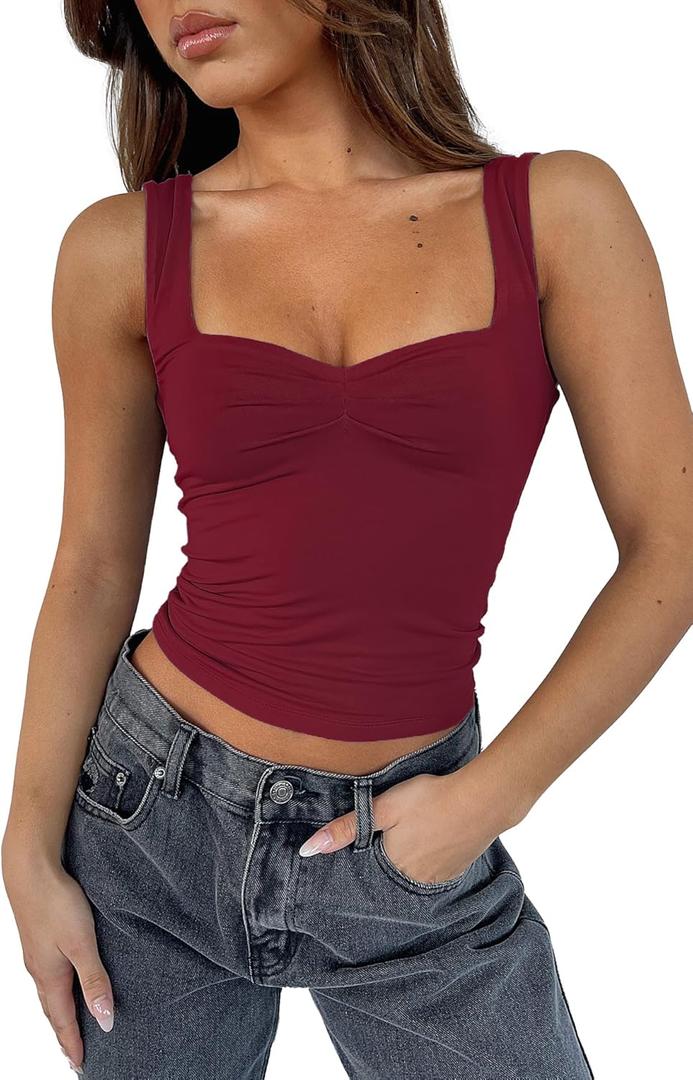 Women's Sleeveless Backless Crop Tank Top Sexy Pleated Bustier Sweetheart Neck Strappy Y2K Cami Cropped Tops (Burgundy, Small)