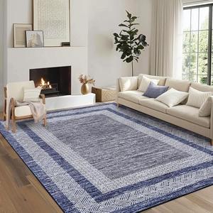 GarveeHome Modern Geometric Area Rug 4x6 Distressed Bordered Washable Non Slip Floor Carpet Non Shedding Thin Soft Low Pile Contemporary Navy Blue Rug for Dining Room, Living Room