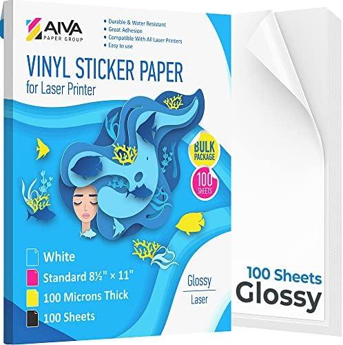 Printable Vinyl Sticker Paper for Laser Printer - Glossy White - 100 Self-Adhesive Sheets - Waterproof Decal Paper - Standard Letter Size 8.5"x11"