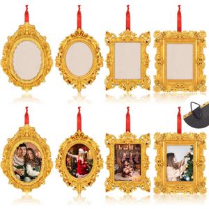 Vercraft 8 Pcs Mini Picture Frame Ornament for Christmas Tree Gold Vintage Photo Frames Antique Resin Oval Rectangle Tiny Ornamental with Hook and Ribbon for Xmas Tree Wall Decor (Classic)