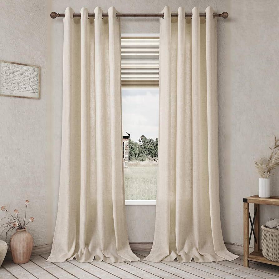 Beige Tan Linen Curtains 84 Inch Length 2 Panel for Bedroom Grommet Burlap Flax Linen Drape Semi Sheer Light Filtering Privacy Neutral Rustic Farmhouse Window Curtain 84 Inches Long for Living Room