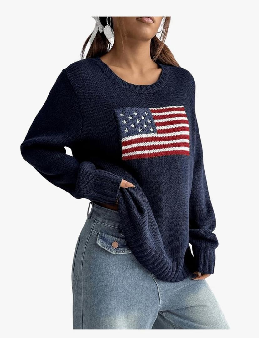 SweatyRocks Women's Flag Pattern Long Sleeve Round Neck Sweater Casual Loose Pullover Sweater, Medium 