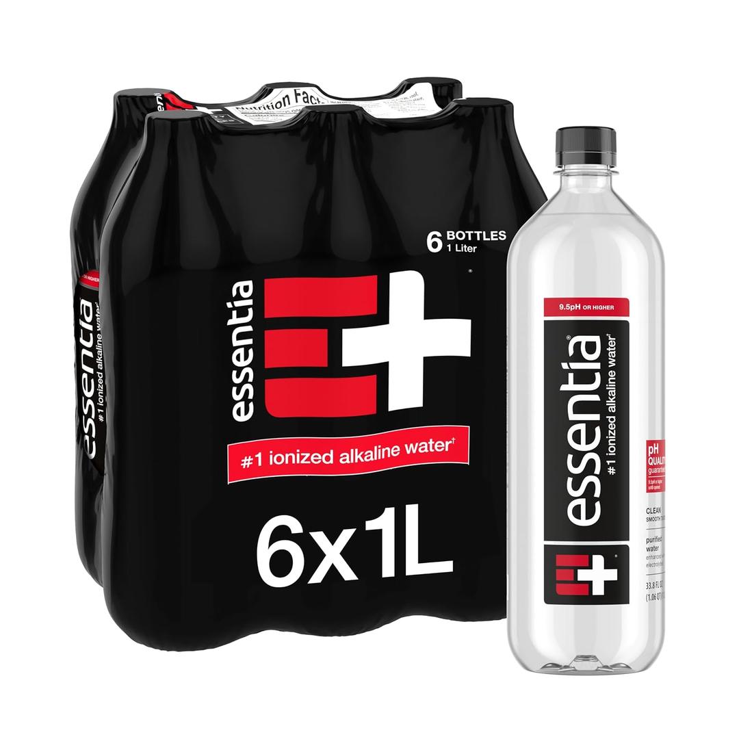 Essentia Bottled Water, 1 Liter, Pack of 6 Bottles; 99.9% Pure, Infused with Electrolytes for a Smooth Taste, pH 9.5 or Higher; Ionized Alkaline Water (EXP 05/15/28)