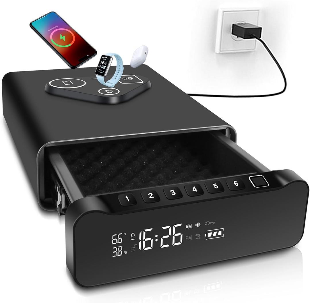 Fingerprint Biometric Gun Safe, Clock Handgun Safe with 3-in-1 Watch & Phone Wireless Charging, Drawer Lock for Hand guns, Cash, Valuables- with Humidity |Temperature| Alarm Clock| Time