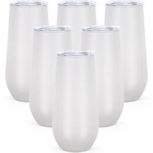 Lifecapido 6 Pack Stemless Champagne Flute Glass, 6 Oz Unbreakable Cocktail Champagne Tumbler, Stainless Steel Champagne Glass with Lid, Wedding Birthday Christmas Gifts for Friends(Almond Birch)