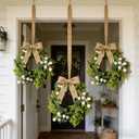 6 Pcs Small Boxwood Hanging Wreaths for Cabinets Artificial Greenery Mini Candle Ring Wreath with White Berries and Burlap Bow Ribbon for Home Kitchen Front Door Window Wall Wedding Farmhouse Decor