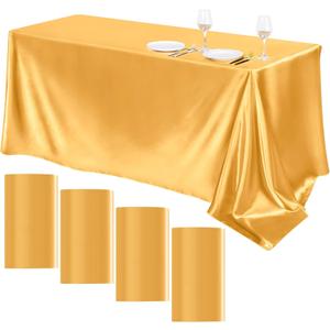 TURSTIN 4 Packs Gold Satin Tablecloth 102 x 58 Inch Overlay Satin Table Cover Rectangle Bright Silk Tablecloth Smooth Fabric Table Decoration for Wedding Banquet Party Events