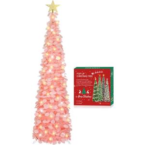 HMASYO 5 FT Pop Up Christmas Tree with Timer Lights, Pink Christmas Tinsel Tree, Collapsible Artificial Pencil Christmas Tree for Indoor Home Apartment Porch Holiday Party Decorations