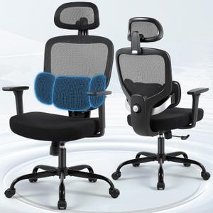 Ergonomic Office Desk Chair, High Back Breathable Mesh Computer Chair, 3D Lumbar Support, 2D Headrest & 3D Armrests, 300lbs Heavy Duty Task Chair for Home Office Work Gaming, Black, 20 inches x 10 inches x 20 inches