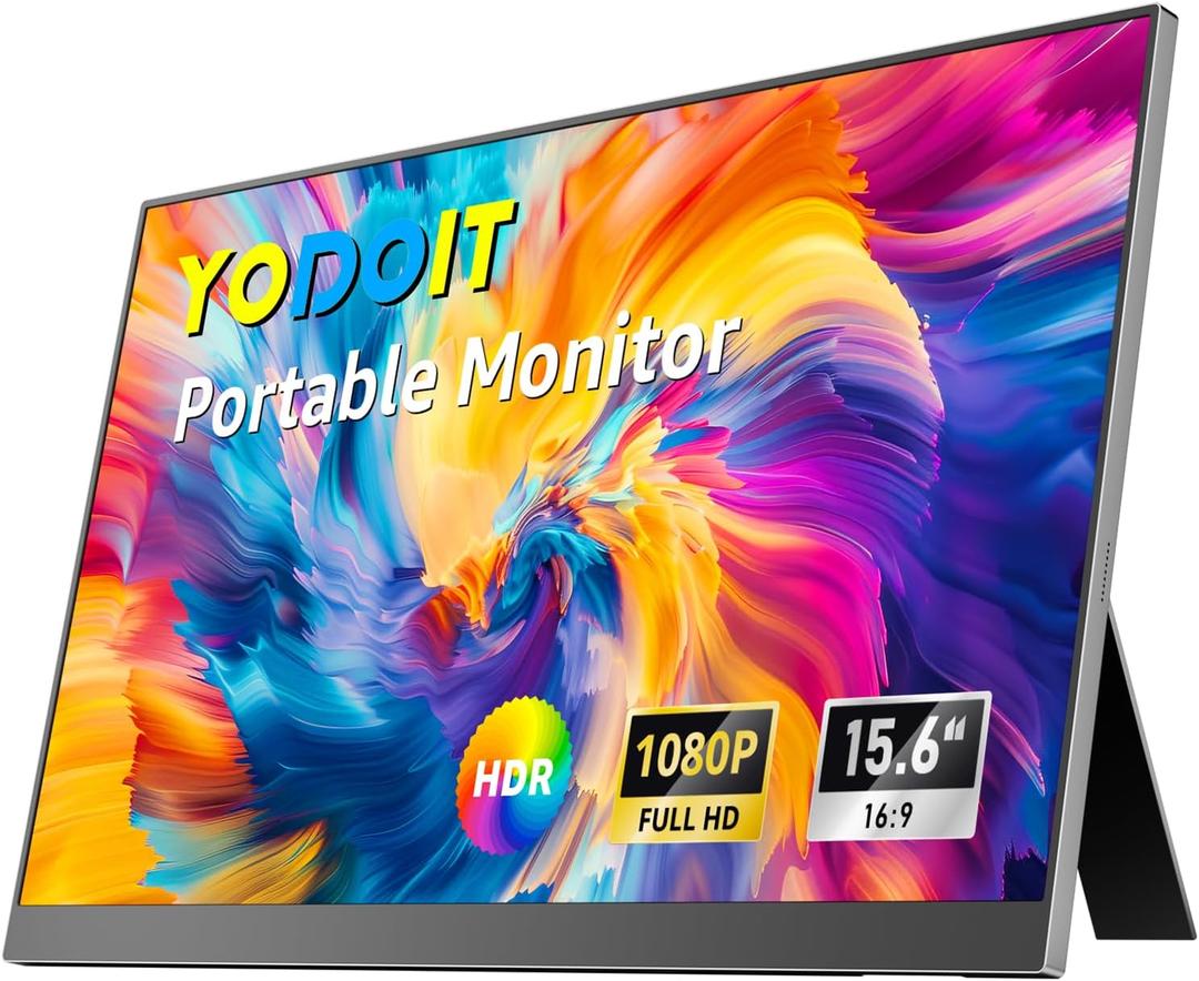 Yodoit Portable Monitor for Laptop, 15.6" 19201080 FHD IPS Travel Screen Display with Built-in Adjustable Stand Dual Speakers for MacBook PC Xbox (Black)