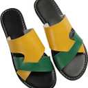 GORGLITTER Women's Colorful Criss Cross Sandals Dressy Leather Open Toe Slip on Slide Summer Beach Flat Sandal (9.5, Green and Yellow)