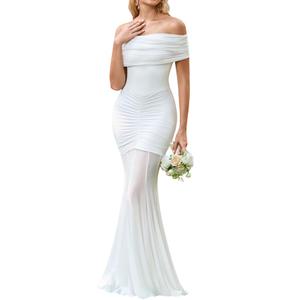 HTZMO Women Off Shoulder Fall Wedding Guest Formal Bodycon Maxi Dress White (M)