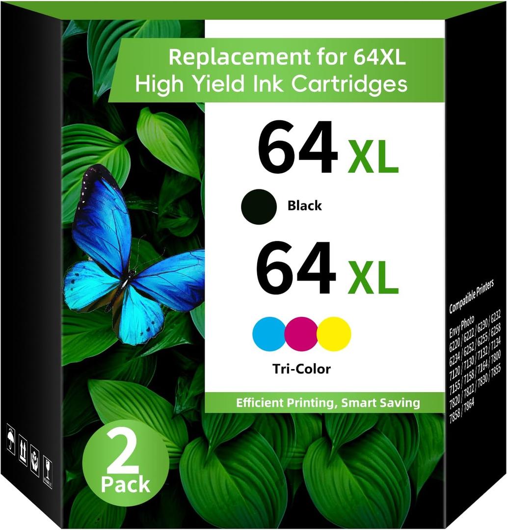 64XL Pack (2-Pack, BK, Tri-Color) Replacement for HP 64XL Ink Cartridge Combo Pack HP 64 XL HP Ink Cartridges Black and Color for HP Envy Photo 7858 7855 7155 6255 6252 6230 Envy 7255e 7955e Printer