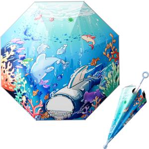 HOUSTIN Kids Umbrella – Lightweight & Fun Design with 360° Reflective Strips, Safety Anti-Pinch Mechanism, Perfect for Rain or Shine, Ages 3-10 – Ideal Outdoor Umbrella for Children