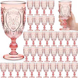 Wiwiqing 36 Pack Plastic Goblets 10oz Upgrade Vintage Water Goblet Plastic Wine Glasses Colored Retro Embossed Glassware for Party Wine Bar Juice Baby Shower Wedding Reception Grand (Pink), 2.8 inch/8 cm
