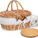 Picnic Basket with Blankets and Bamboo Plates Picnic Supplies Set Basket with Lid and Handle Wicker Picnic Basket Sturdy Woven Body with Washable Lining for Camping (White)