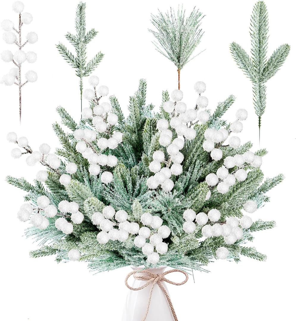 Sggvecsy 60 Pcs Artificial Snowy Pine Branches Fake Frosted Greenery Pine Picks Artificial White Berry Stems Christmas Needles for DIY Christmas Garland Wreath Xmas Flower Arrangements Decoration