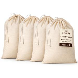 4 Pack Reusable Laundry Bags - 100% Cotton Multi Purpose Travel Laundry Bag - Durable & Machine Washable - Large Laundry Bag 28 x 36"