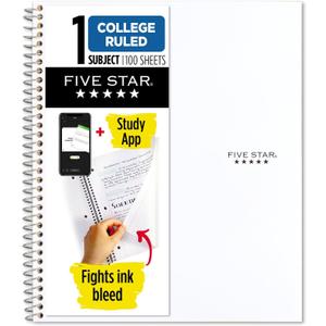 Five Star Spiral Notebook + Study App, 1 Subject, College Ruled Paper, 8-1/2" x 11", 100 Sheets, Fights Ink Bleed, Water Resistant Cover, White (72456)