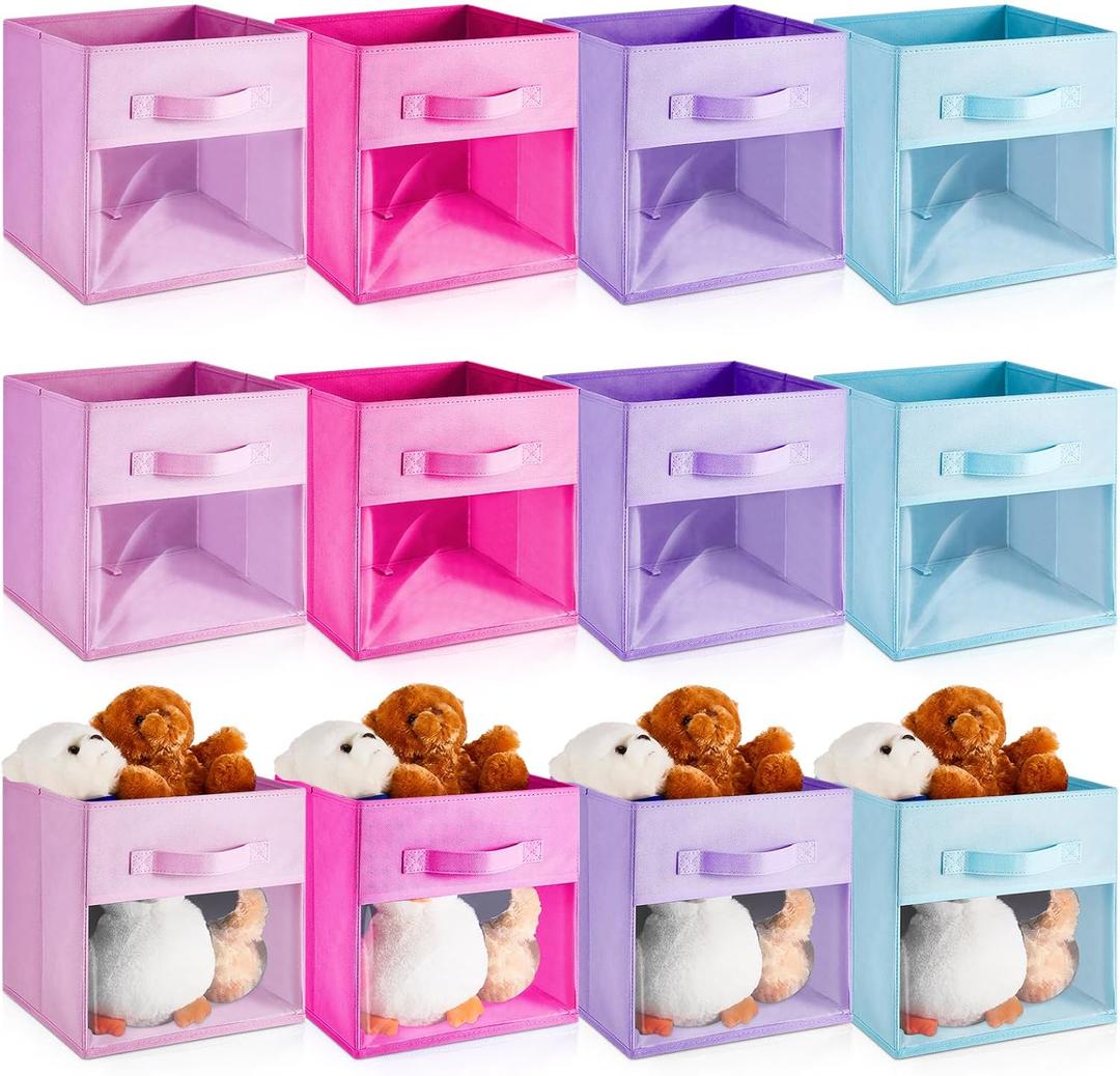 Marsui 12 Pcs Clear Storage Bins Collapsible Cube Fabric Storage Organizer Bin with Window for Kid Room Daycare Nursery Playroom(Blue, Purple, Rose, Pink,Solid)