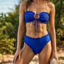 Women's Ruffle Bikini Set 2 Piece Swimsuit, Smocked Bandeau Top, High Waisted Bottom, Cheeky Coverage (Blue, L)