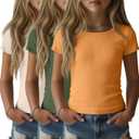 LessonZoo 3 Pack Girls Short Sleeve Shirts Ribbed Knit Cotton Slim Fit T Shirts Basic Boat Neck Tops Casual Summer Tees(Cream, Dark Green, Orange,11-12 Years)