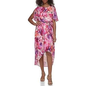 Jessica Howard Women's Floral Hi-lo Midi Dress – Short Sleeve Chiffon Lurex Cocktail Gown, 8 Pink