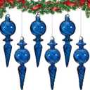 6PCS 6-Inch Hand-Blown Glass Finial Christmas Tree Hanging Ornaments -Large Elegant Clear Glass Vintage Holiday Decorations for Tree, Mantel, Party - Luxury Handmade Seasonal Dcor(Blue)