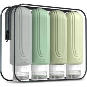 Travel Bottles for Toiletries, Large 6oz Oversize Containers, BPA Free Leak Proof Tubs Refillable Liquid Traveler Accessories with Toiletry Bag for Cometic Shampoo and Lotion Soap (4 Pack) (Mint-Grey-6oz)