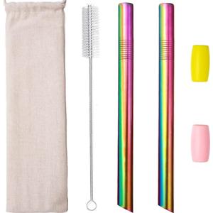 Reusable Boba Straws Smoothie Straws Metal Stainless Steel Straws Angled Tips Fat 0.5" Wide for Jumbo Bubble Tea Milkshakes Milk Tea Tapioca Pearl With Silicone Tips Carry Bag Cleaning Brush 2 Pcs 10"