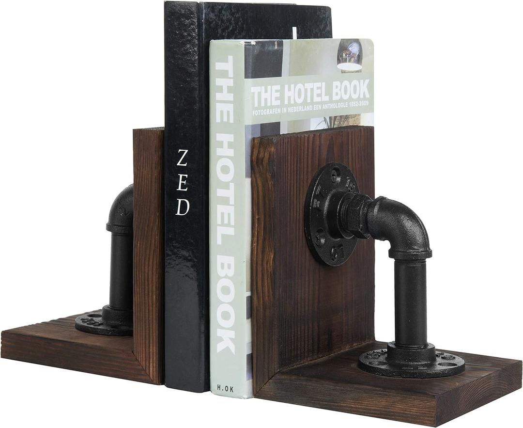MyGift Book Ends Decorative, Bookends for Shelves, Metal Bookends for Heavy Books, Office Decor for Men, Wood Book Stopper, Realistic Industrial Pipe Design, Dark Brown