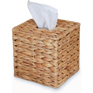 PINXIURY Water Hyacinth Handwoven Tissue Box Cover, Natural Handmade Wicker Napkin Box Holder, Handcrafted Square Facial Tissue, Rustic Decorative on Table and Bathroom, Office, Boho Decorative
