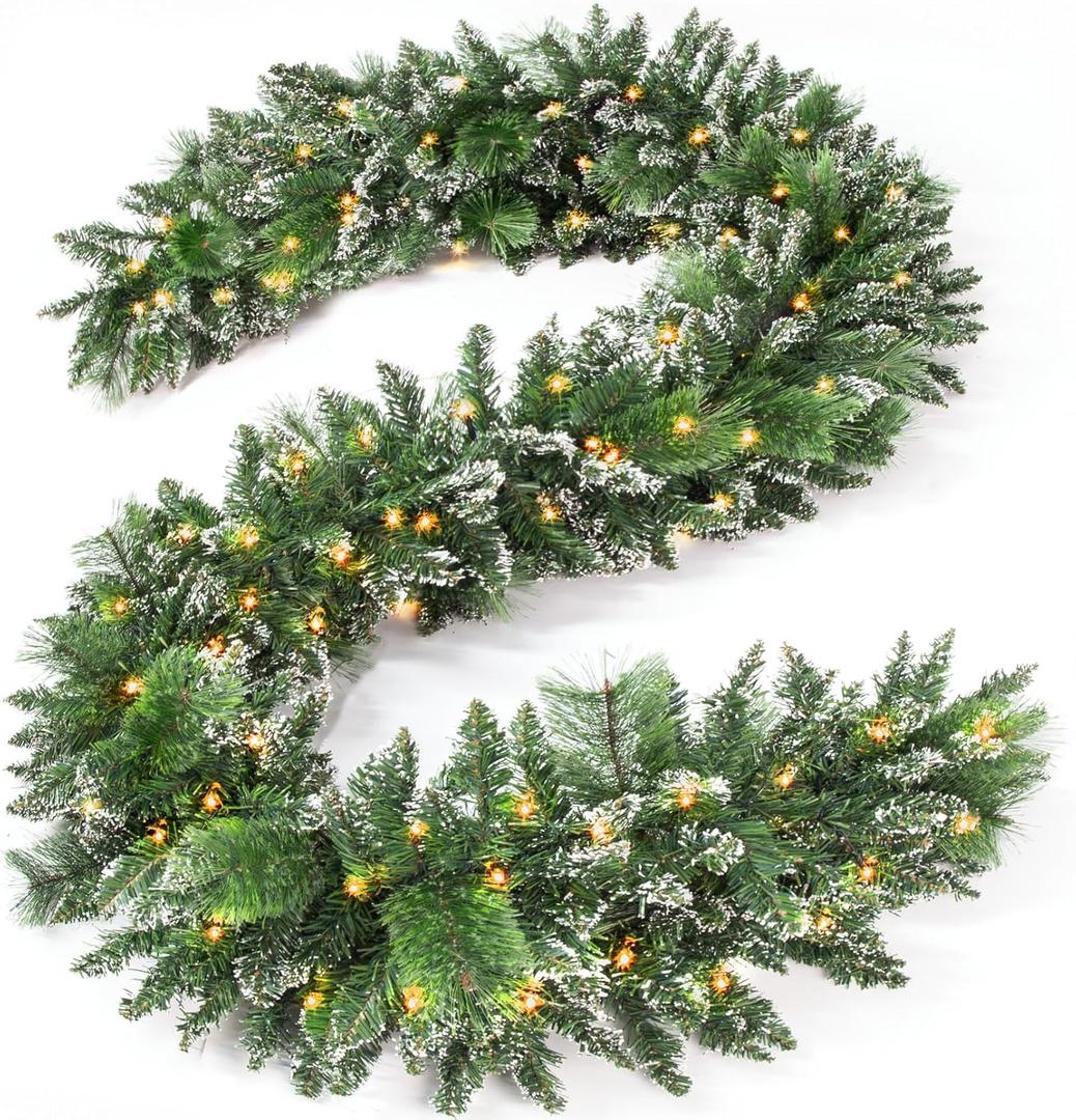 Jin&Bao 9FT Christmas Garland with Lights, 100 LED Prelit Green Pinecone Garland Christmas Decorations with Timer Function, 3AA Battery Operated Xmas Garland Mantle Stairs Door Outdoor