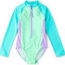 The Children's Place Girls' Long Sleeve Half Zip One Piece Rashguard Swimsuit (X-Large, Neon Mint)