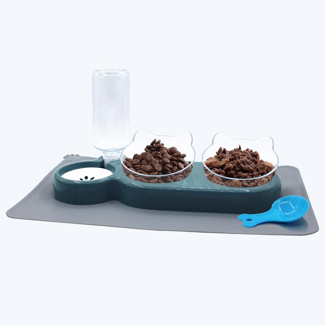 Triple Cat Bowls with Water Dispenser, Pet Water and Food Bowl Set with Non-Slip Mat and Scoop, 15 Tilted Double Dog Cat Bowls, Wet and Dry Food Bowl Set for Cats & Small Dogs (Dark Blue)