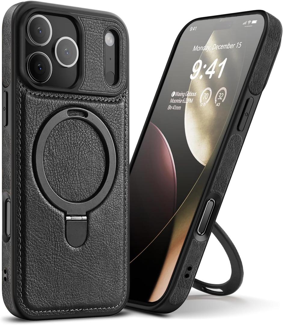 Magnetic for iPhone 17 Pro Max Leather Case,Invisible Stand [Compatible with Magsafe] Slim Kickstand Phone Cove for iPhone 17 Pro Max caseBlack