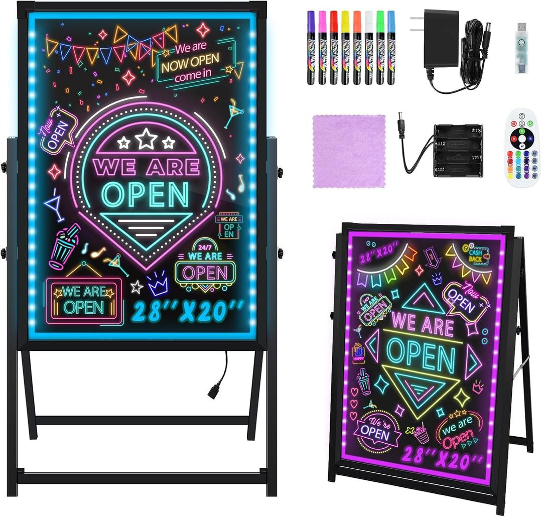 Hosim Standing A-Frame LED Message Writing Board 28x 20", Neon Signs Chalkboard Menu Board, 16 Colors Light Board, LED Drawing Sign Board, LED Note Board with Colors for Christmas Light Up Sign