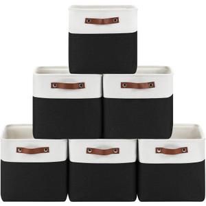 Patvingot 6-Pack Foldable Fabric Storage Cubes 11x11 Inch, Sturdy Cube Organizer Bins with Leather Handles, Storage Baskets for Closet Shelves and Home Organization(White/Black)