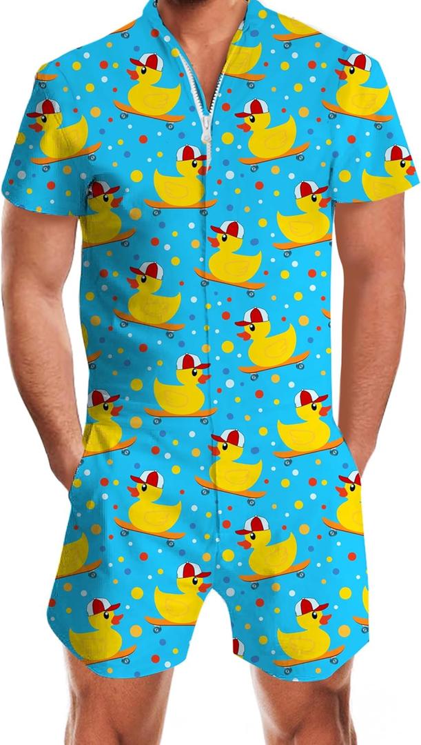 Goodstoworld Male Hawaiian Romper Fashion Zipper Slim Fit Jumpsuit with Pocket S-XXL (Blue, XXL)