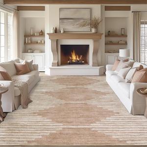 HelloTree Area Rug for Living Room 8x10 Washable Geometric Moroccan Rug Stripe Farmhouse Bohemian Minimalistic Non Slip Non Shedding Ultra Thin Soft Rug for Bedroom Office DiningRoom Nursery-Khaki