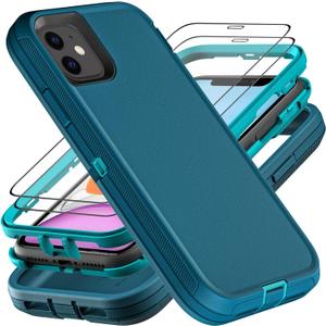 YKHJKLEC for iPhone 11 Case, Military Grade 3 in 1 Heavy Duty Shockproof/Drop Proof/Dust Proof Case with 2Pcs Tempered Glass Screen Protector (Blue/Turquoise)