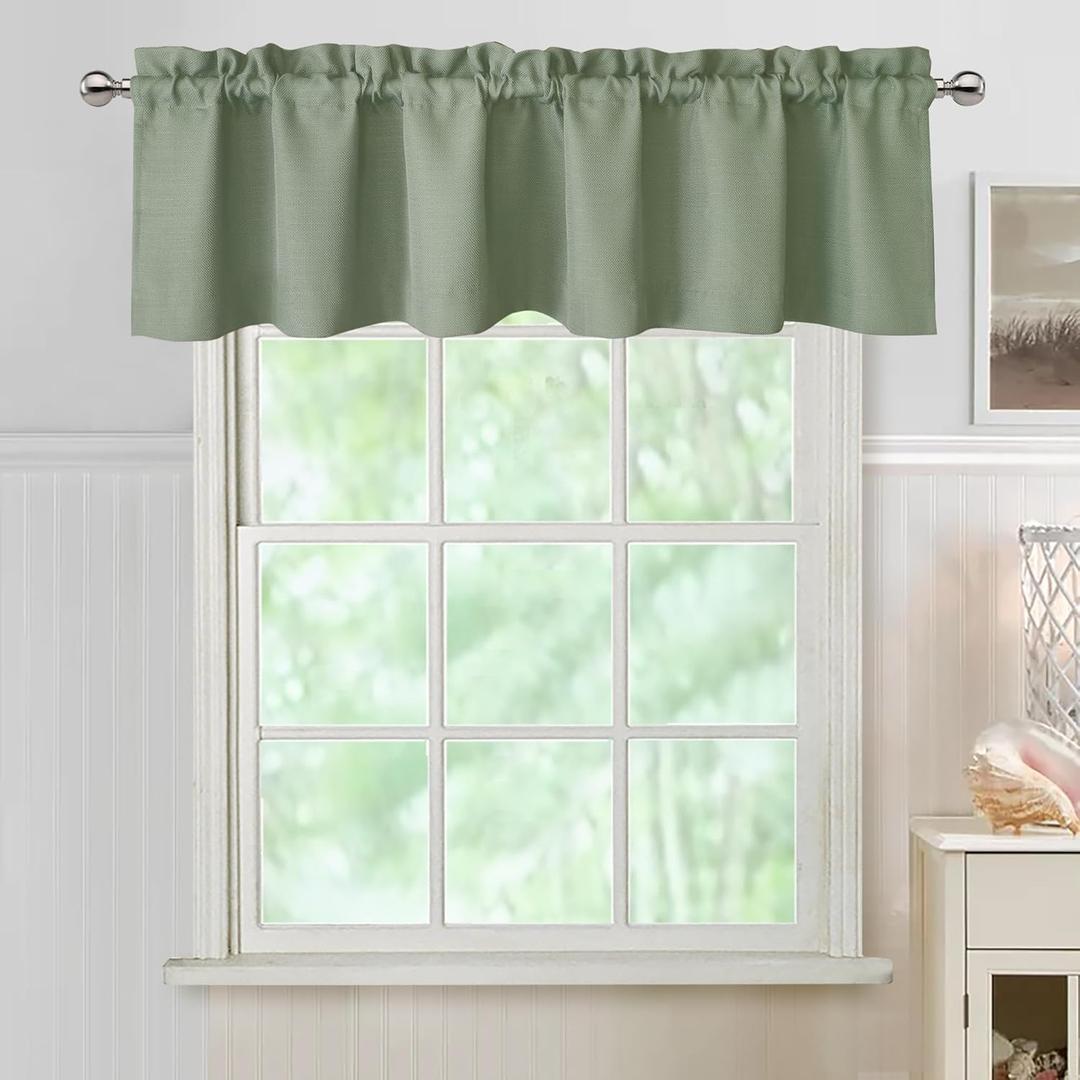 Chyhomenyc Sage Green Valance for Windows, Light Filtering Faux Linen Short Small Window Valance Curtain for Kitchen Bathroom Cafe Laundry Basement, 60Wx14L inch, 1 Piece