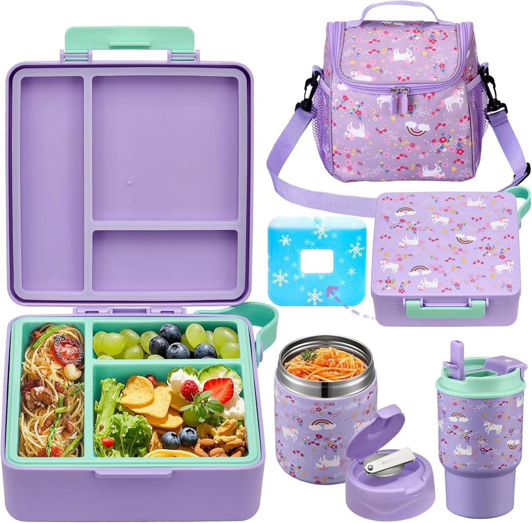 Bento Lunch Box for Kids with 17oz Soup Thermo,Insulated Tumbler Water Bottle and Insulated Lunch Bag,Leak-Proof 3 Compartment Lunch Food Container with Ice Pack for Kids to School-Horse
