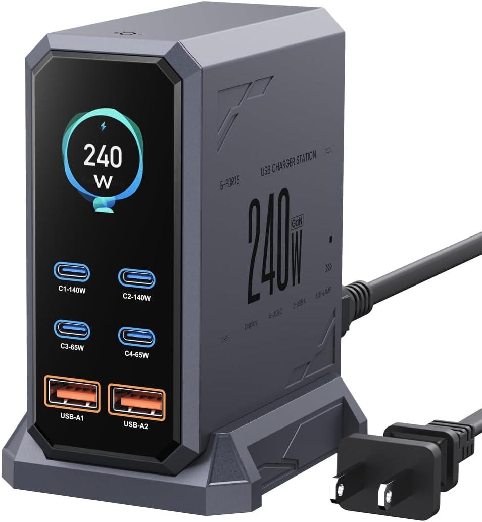 240W USB C Charger Block,ASOMETECH 6 Ports USB Charging Station,GaN 140W PD3.1 Laptop Fast Charger Adapter Desktop Charger Station with LCD Display for MacBook HP iPad iPhone Samsung